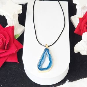 Blue Druzy Agate Teardrop Necklace Geode Slice Gold Edge Pendant Cord Raw Beauty